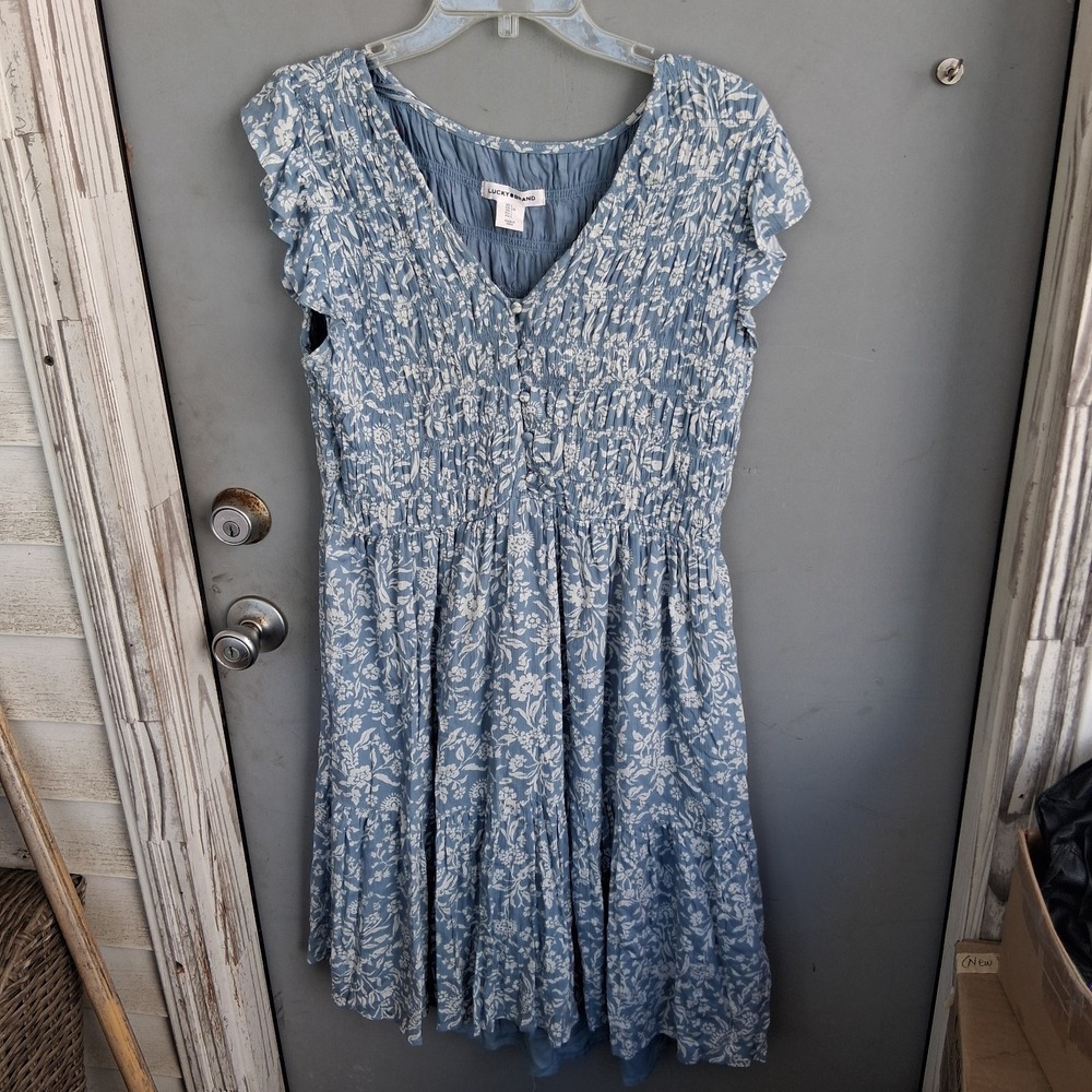 Cottagecore Blue Flutter Sleeve‎ Smocked Babydoll Dress Blue Floral AOP Lucky...